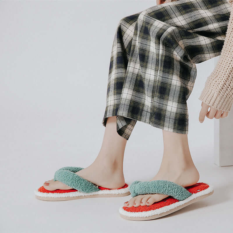 Halluci autumn and winter new soft watermelon flip-flops suede bottom mute indoor home slippers