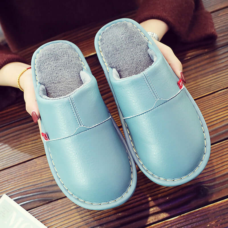 Winter new PU skin water-water cotton slippers couple home home non-slip warm thick shoes female moon shoes wholesale