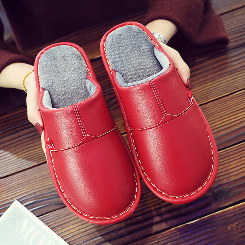 Winter new PU skin water-water cotton slippers couple home home non-slip warm thick shoes female moon shoes wholesale