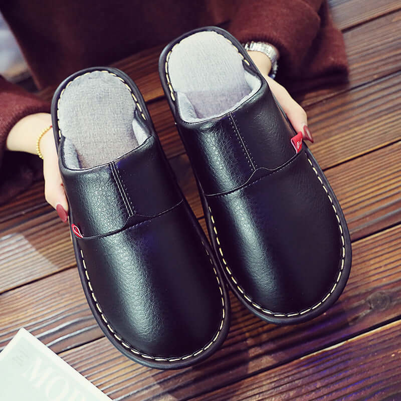 Winter new PU skin water-water cotton slippers couple home home non-slip warm thick shoes female moon shoes wholesale