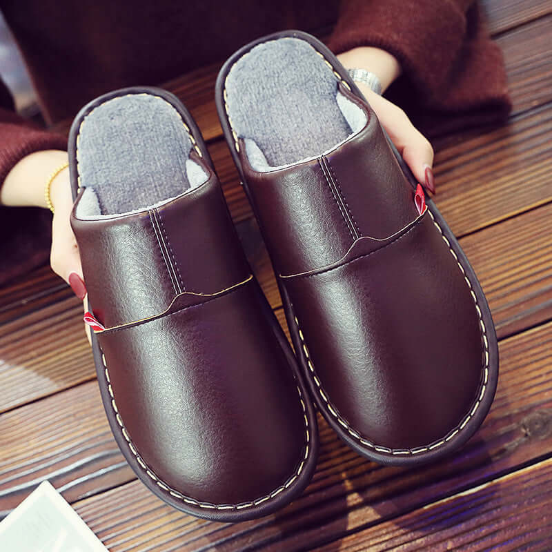 Winter new PU skin water-water cotton slippers couple home home non-slip warm thick shoes female moon shoes wholesale