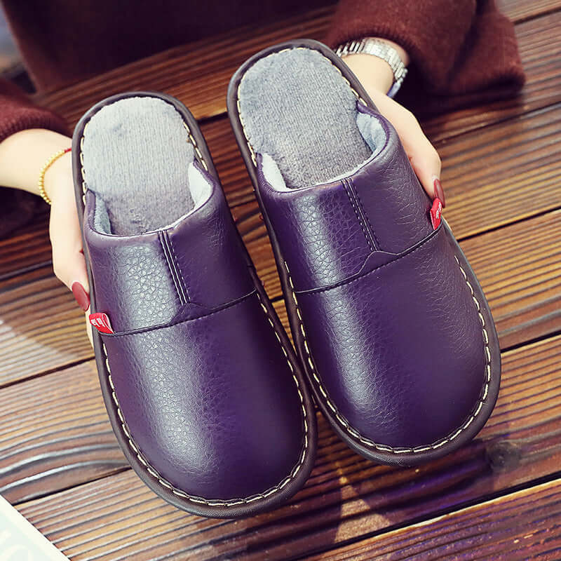 Winter new PU skin water-water cotton slippers couple home home non-slip warm thick shoes female moon shoes wholesale