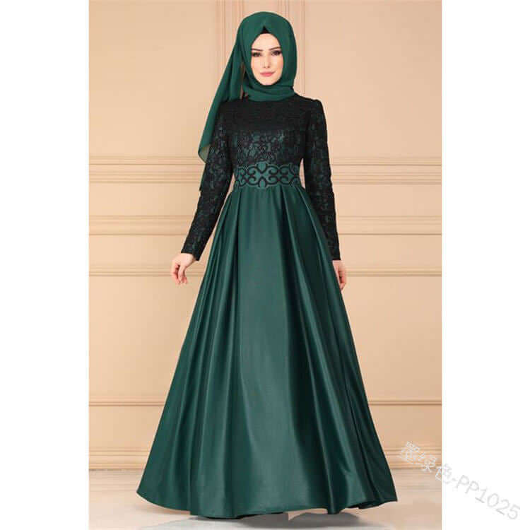 Muslim Ethnic Style Long-Sleeved Slim Dress-Lace Front