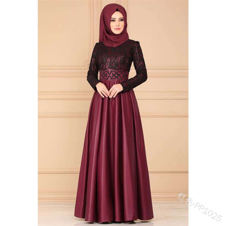 Muslim Ethnic Style Long-Sleeved Slim Dress-Lace Front