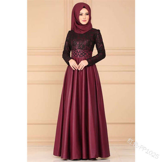 Muslim Ethnic Style Long-Sleeved Slim Dress-Lace Front