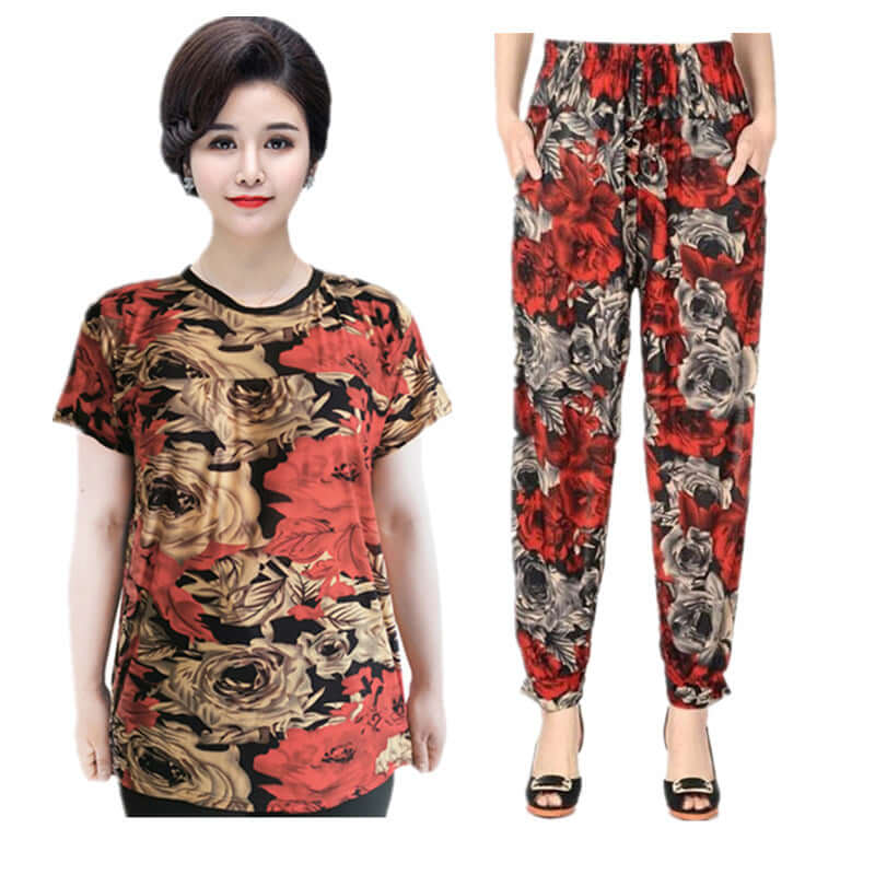 Summer ice silk short sleeve set middle-aged women's mother loose large size thin section flexible multi-color home two-piece