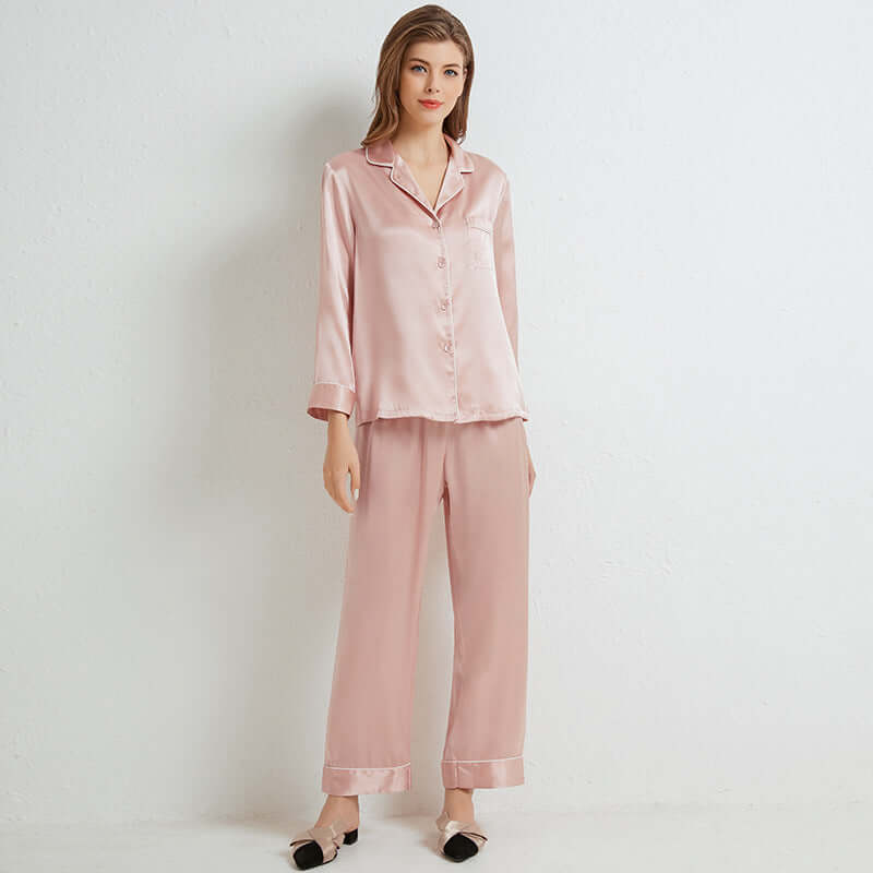 Spring and summer new couple 100% silk long sleeve trousers silk home service suit autumn silk pajamas women