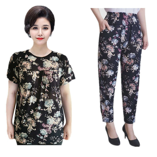 Summer ice silk short sleeve set middle-aged women's mother loose large size thin section flexible multi-color home two-piece