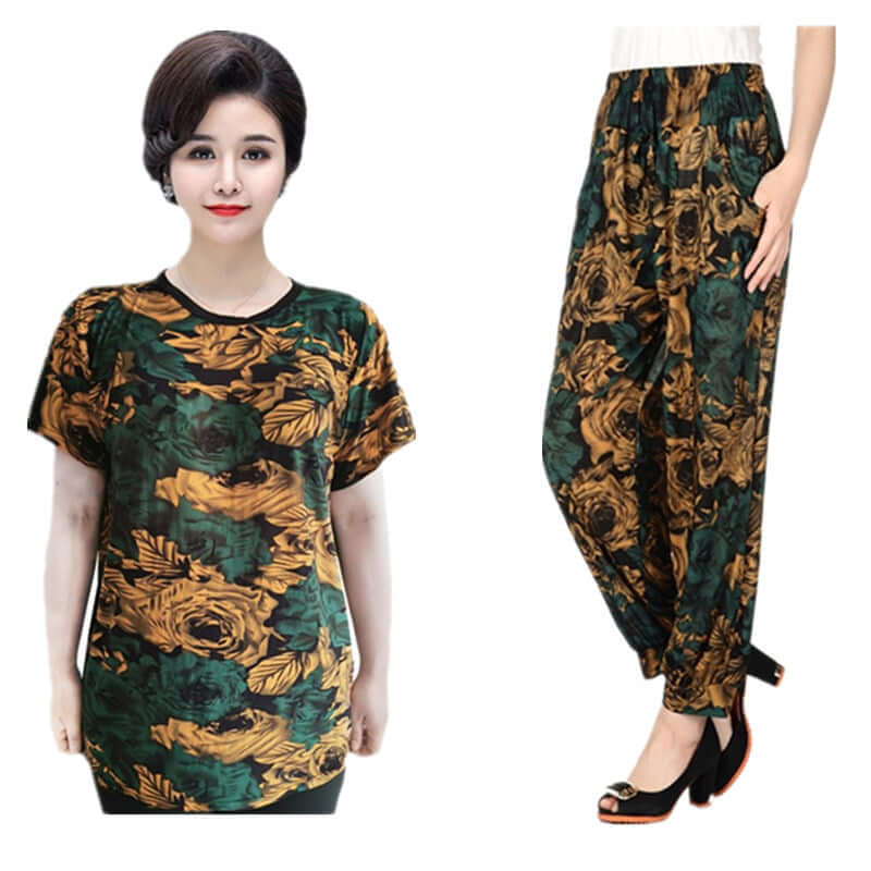 Summer ice silk short sleeve set middle-aged women's mother loose large size thin section flexible multi-color home two-piece