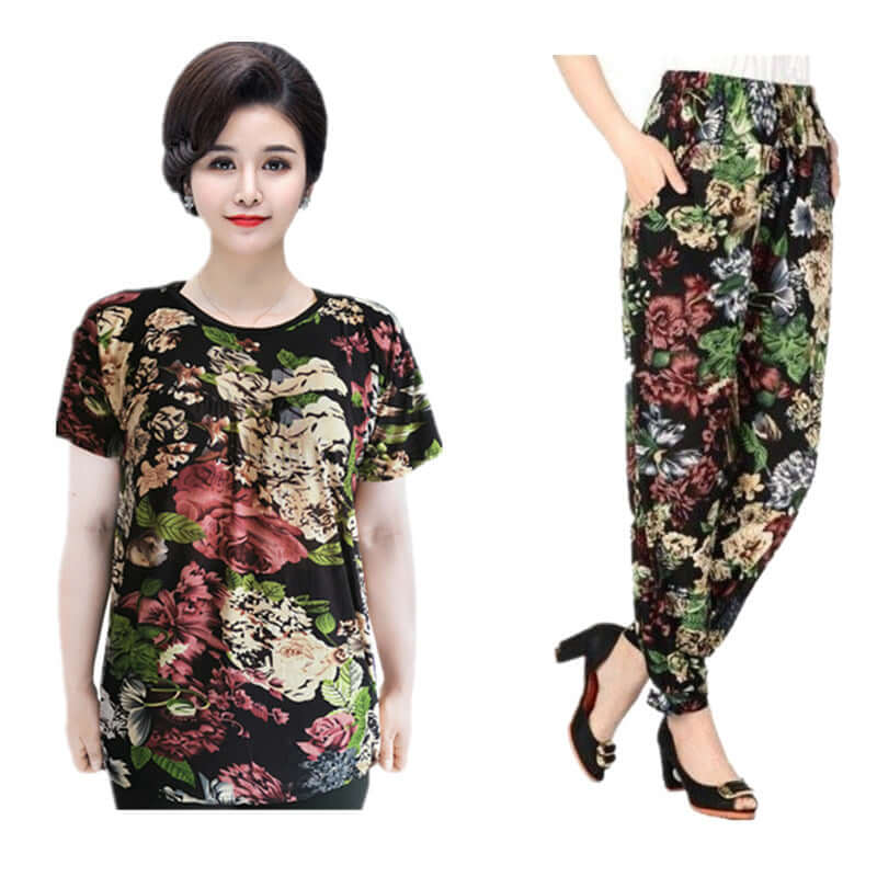 Summer ice silk short sleeve set middle-aged women's mother loose large size thin section flexible multi-color home two-piece