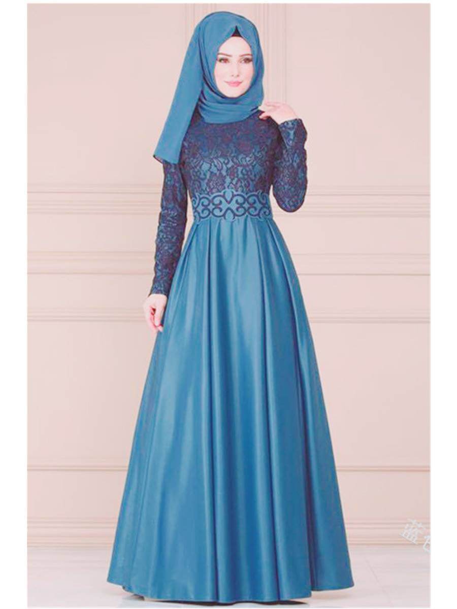 Muslim Ethnic Style Long-Sleeved Slim Dress-Lace Front