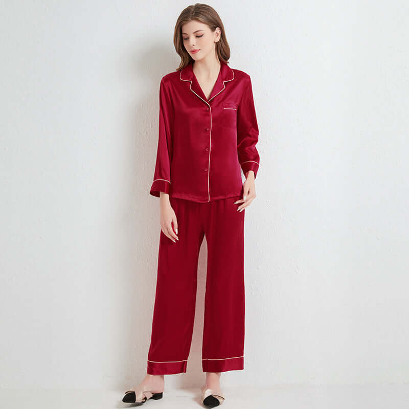 Spring and summer new couple 100% silk long sleeve trousers silk home service suit autumn silk pajamas women