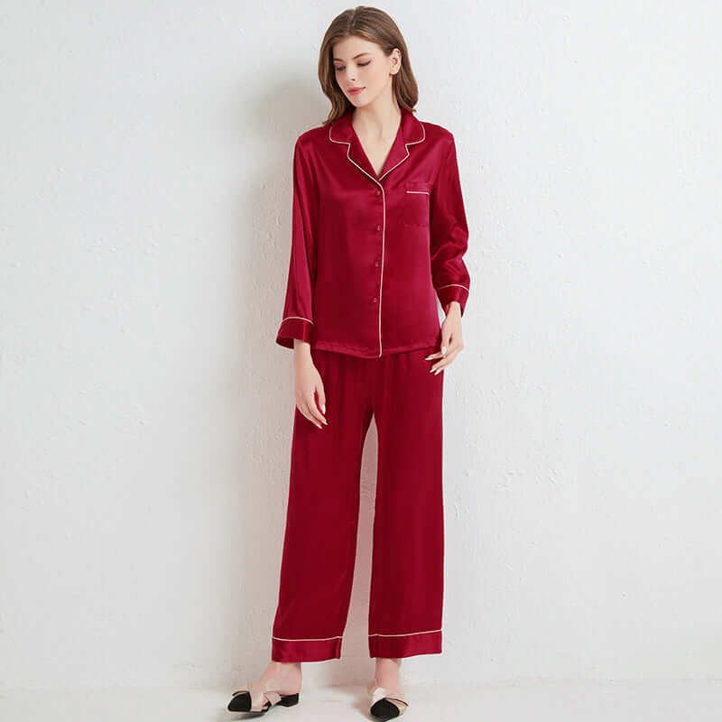 Spring and summer new couple 100% silk long sleeve trousers silk home service suit autumn silk pajamas women