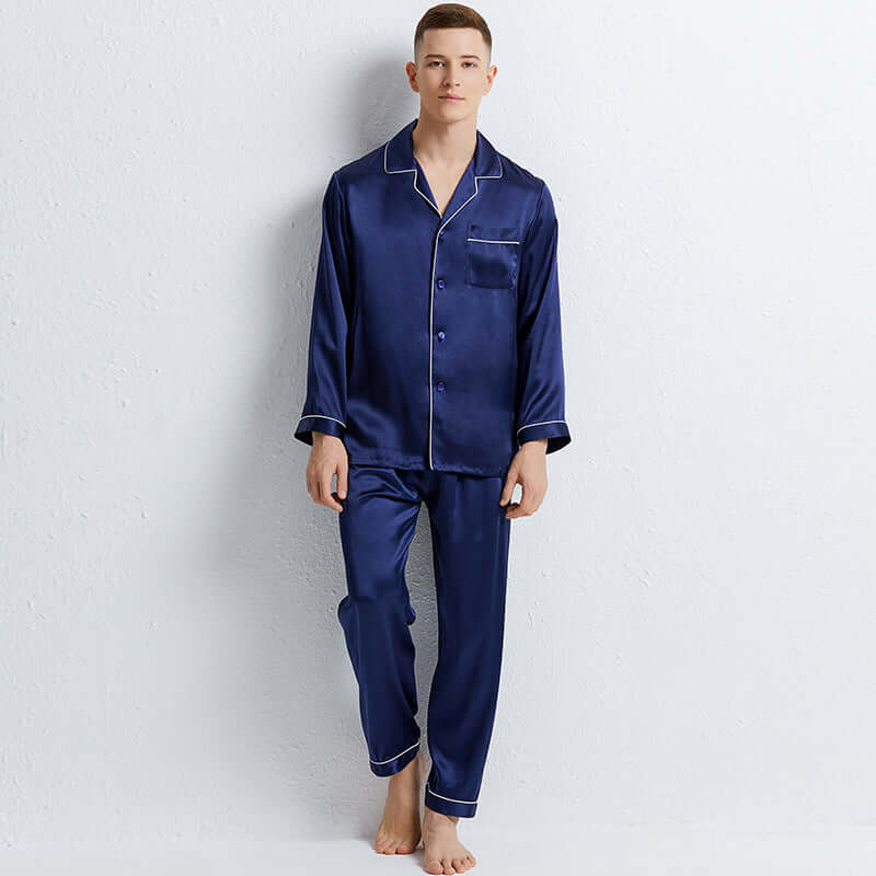 2021 spring and summer silk couple 100% silk men's long sleeve trousers home service suit silk pajamas