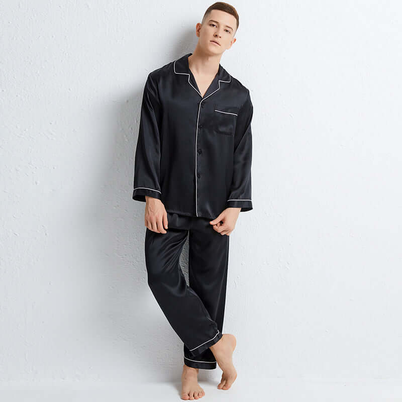 2021 spring and summer silk couple 100% silk men's long sleeve trousers home service suit silk pajamas