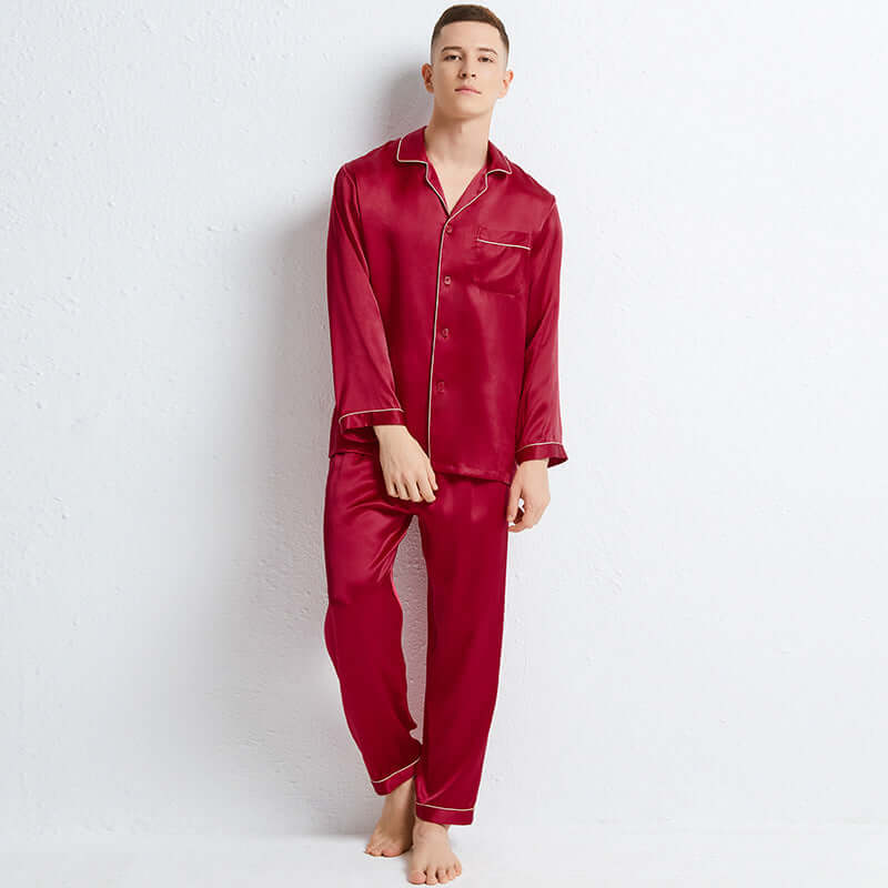 2021 spring and summer silk couple 100% silk men's long sleeve trousers home service suit silk pajamas