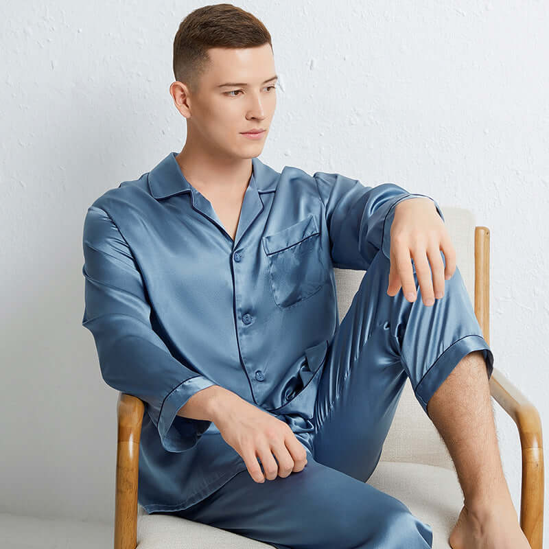 2021 spring and summer silk couple 100% silk men's long sleeve trousers home service suit silk pajamas