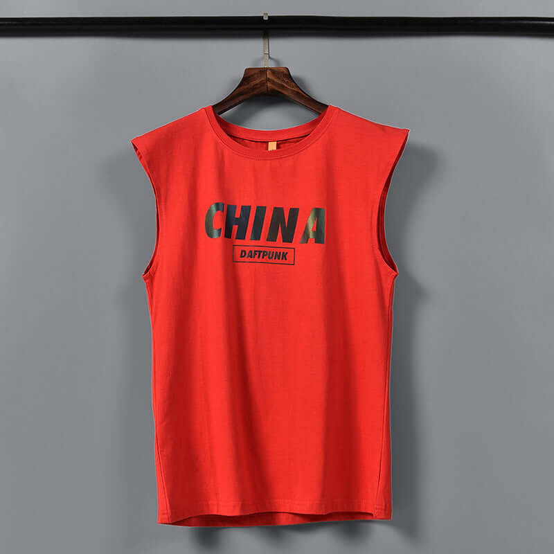 China Chinese print sleeveless T-shirt male 2020 new summer cotton casual sports shoulder vest sweatshirt