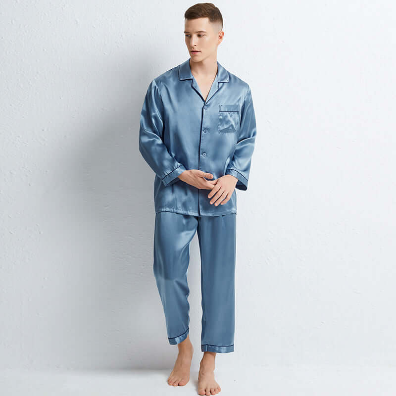 2021 spring and summer silk couple 100% silk men's long sleeve trousers home service suit silk pajamas