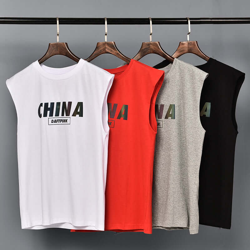 China Chinese print sleeveless T-shirt male 2020 new summer cotton casual sports shoulder vest sweatshirt