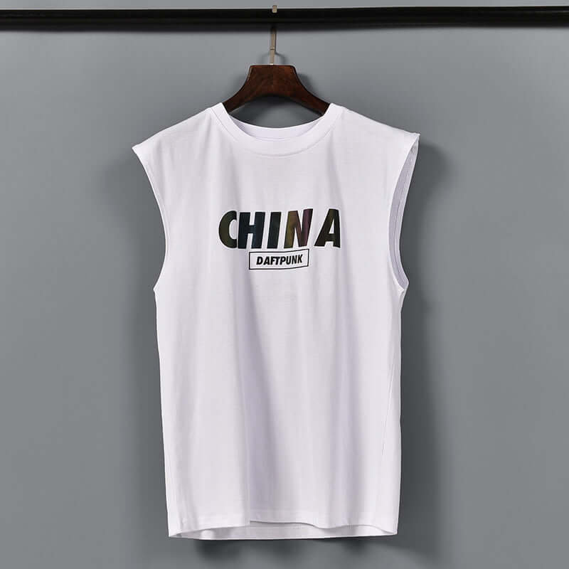 China Chinese print sleeveless T-shirt male 2020 new summer cotton casual sports shoulder vest sweatshirt