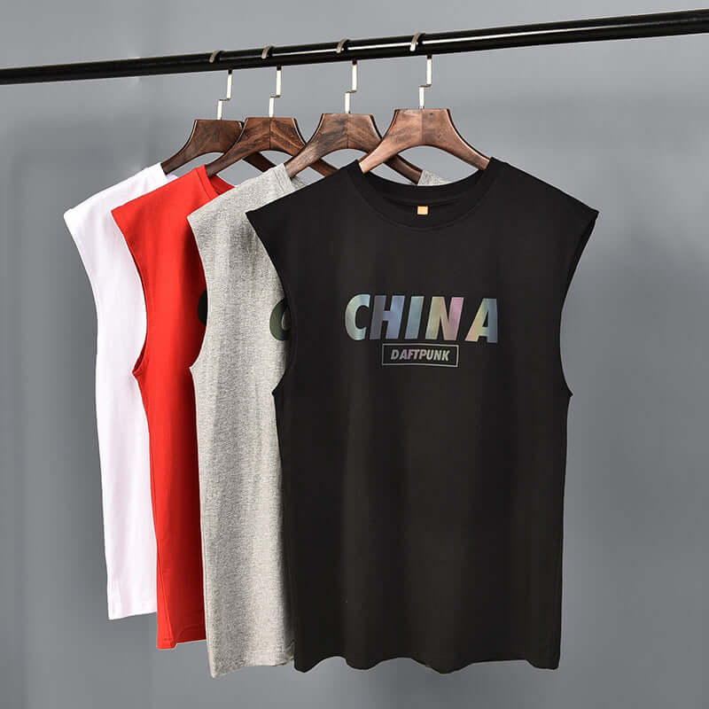 China Chinese print sleeveless T-shirt male 2020 new summer cotton casual sports shoulder vest sweatshirt