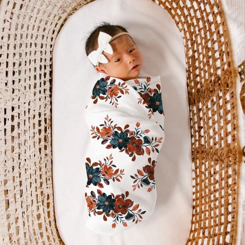 Lot Couverture + bonnet + bandeau de photographie - emmaillotage pour bébé imprimé floral