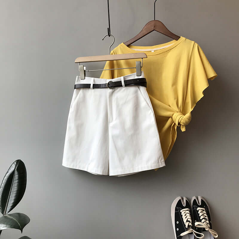 Shuang 2021 summer new high waist shorts female Korean version of the loose waist loose wide leg casual pants to send belt 8009