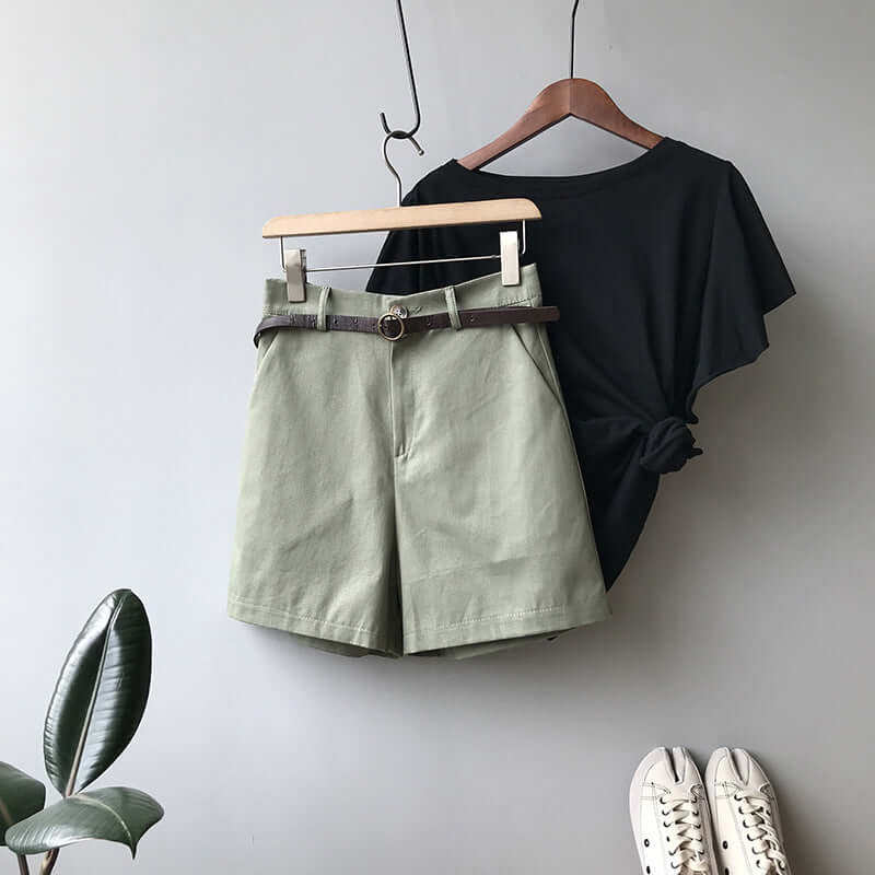 Shuang 2021 summer new high waist shorts female Korean version of the loose waist loose wide leg casual pants to send belt 8009