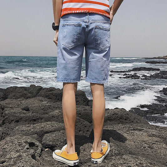 Summer Personality Cowboy Shorts Korean version of the body slim big broken fashion trend five points denim short pants