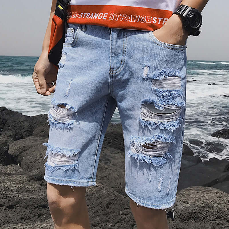 Summer Personality Cowboy Shorts Korean version of the body slim big broken fashion trend five points denim short pants