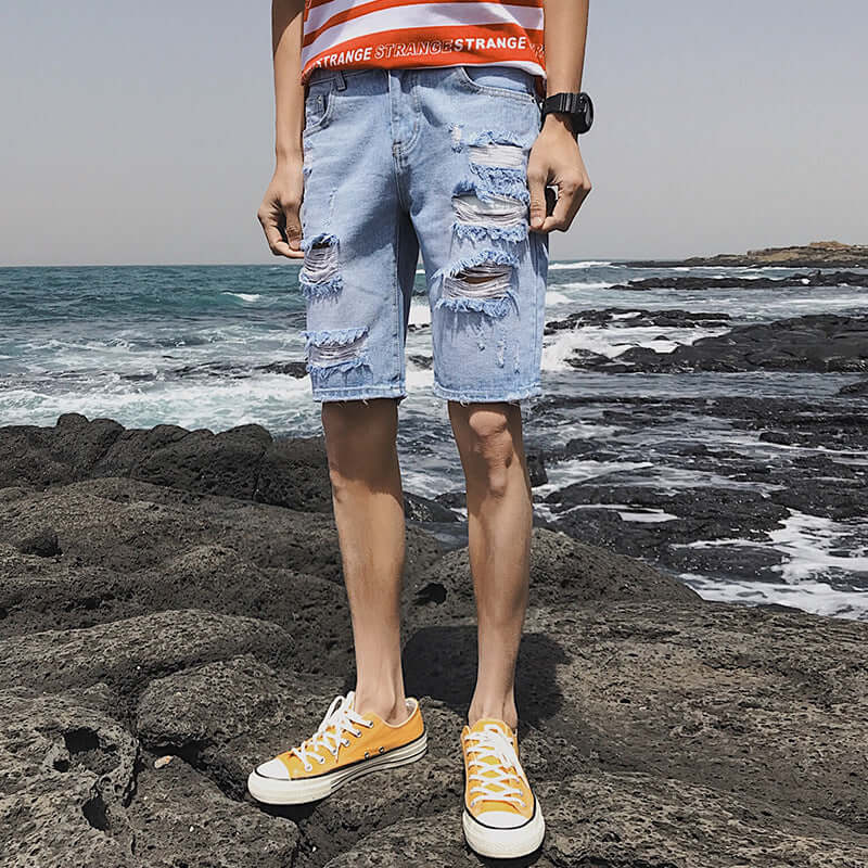 Summer Personality Cowboy Shorts Korean version of the body slim big broken fashion trend five points denim short pants