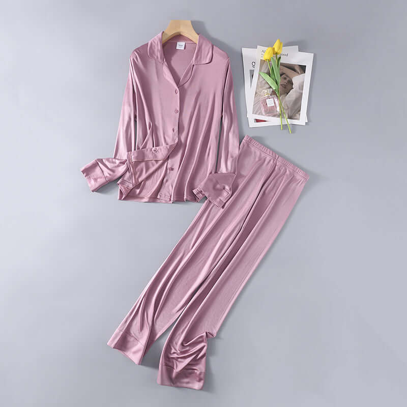 Tree silk thin model pajamas set female silk long sleeve pajamas sleep pants four seasons can wear loose home service