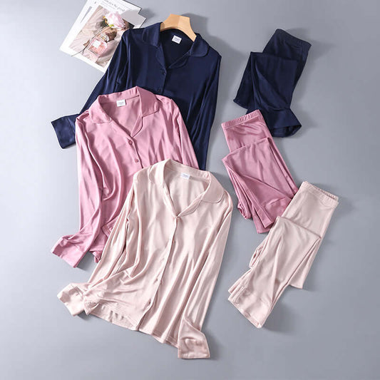 Tree silk thin model pajamas set female silk long sleeve pajamas sleep pants four seasons can wear loose home service