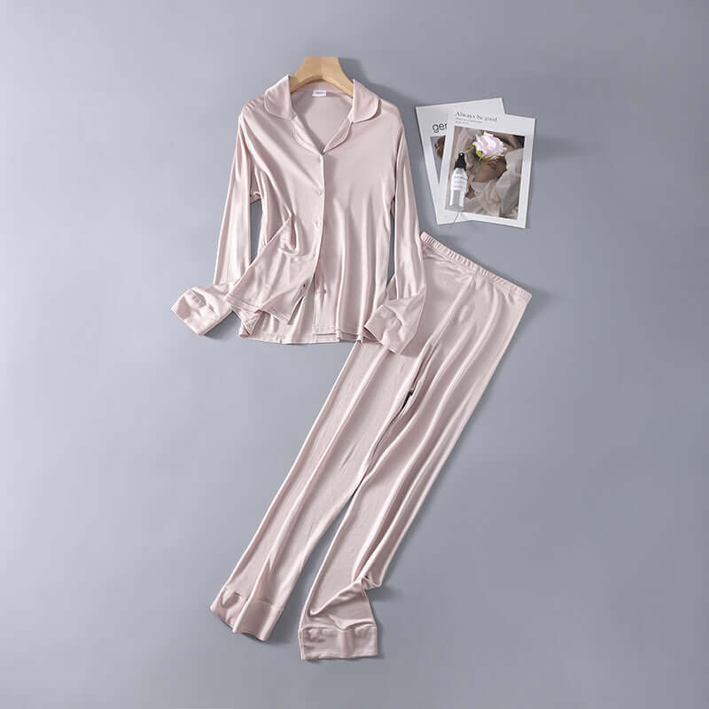 Tree silk thin model pajamas set female silk long sleeve pajamas sleep pants four seasons can wear loose home service