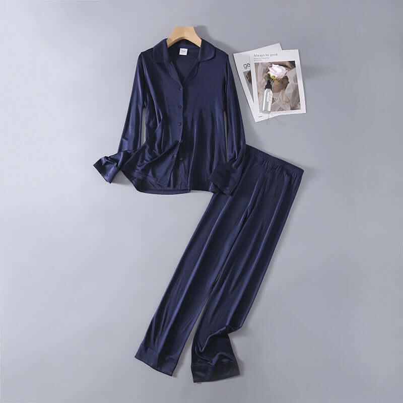 Tree silk thin model pajamas set female silk long sleeve pajamas sleep pants four seasons can wear loose home service