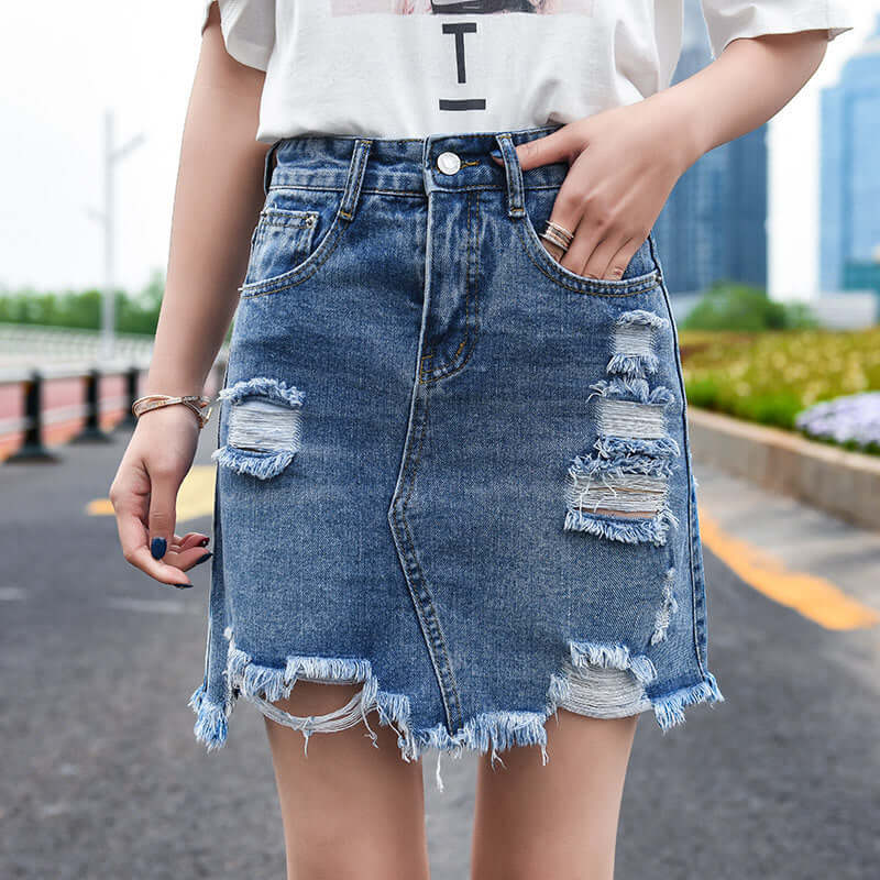 Trendy Popular Denim Skirt ~ Everyday Fashion Wear - Hip Irregular