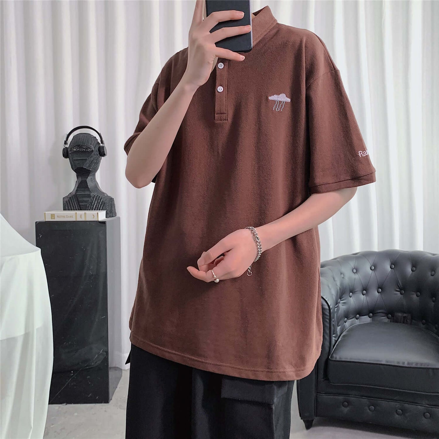 Perth T-shirt men's short sleeves lapel youth loose large size top shirt summer five-point sleeve embroidery top