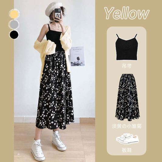 Small daisy skirt female summer high waist A word thin black chiffon long big size fat mm floral dress