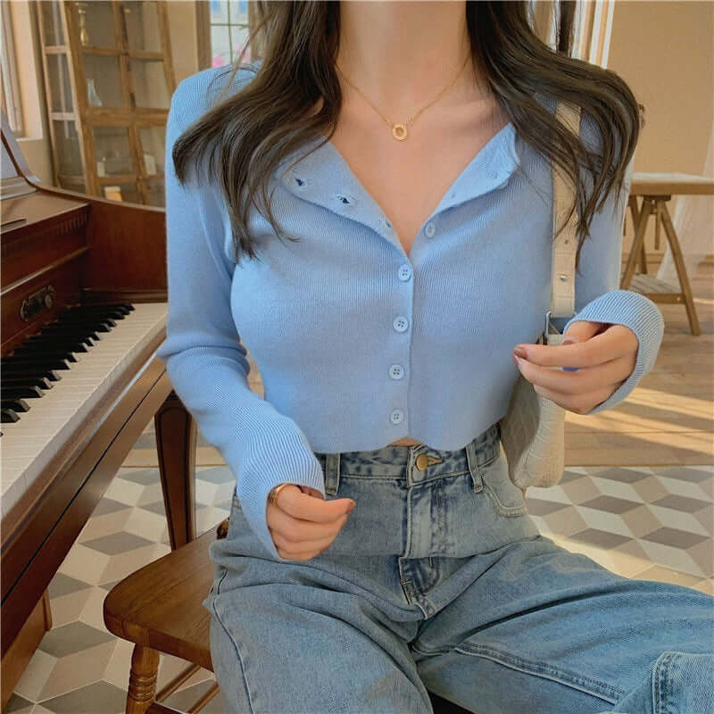 Women's Popular Trending Half Shirt - Long Sleeve Button Up