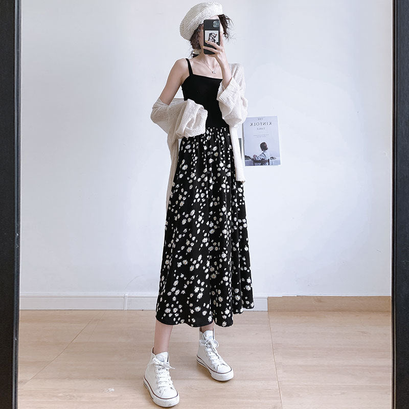 Small daisy skirt female summer high waist A word thin black chiffon long big size fat mm floral dress