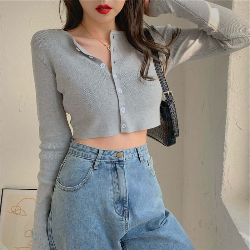 Women's Popular Trending Half Shirt - Long Sleeve Button Up