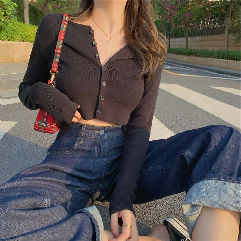 Women's Popular Trending Half Shirt - Long Sleeve Button Up