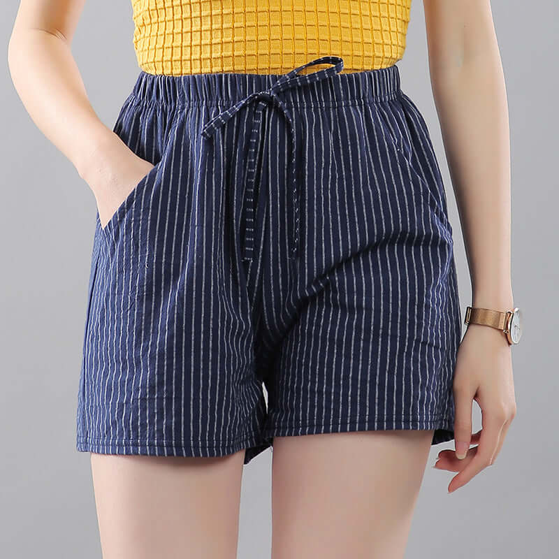 Pure cotton shorts women's new loose large size 5 points casual thigh summer striped three-point women's pants pocket 2021