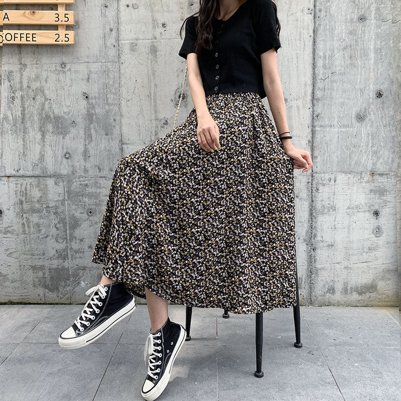 Small daisy skirt female summer high waist A word thin black chiffon long big size fat mm floral dress