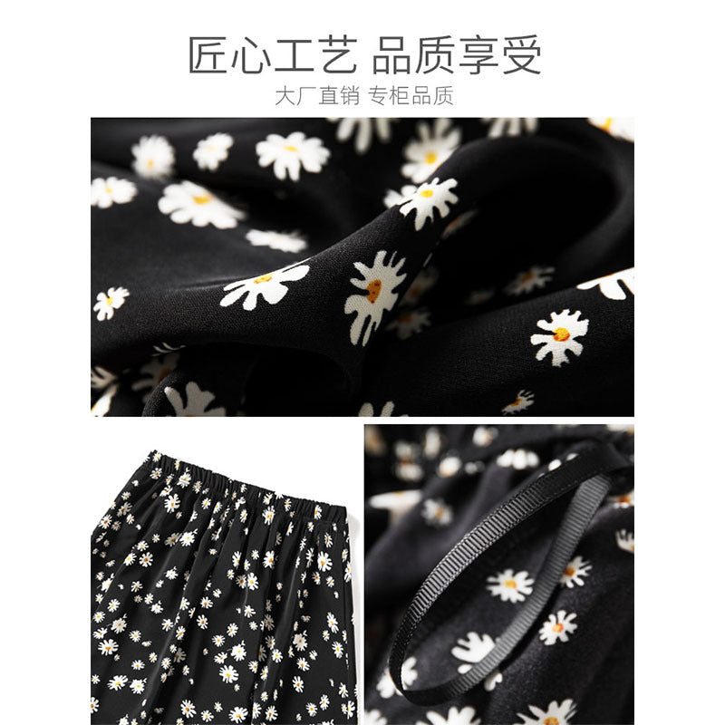 Small daisy skirt female summer high waist A word thin black chiffon long big size fat mm floral dress