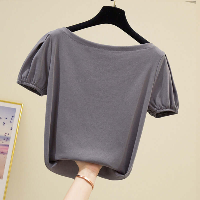 Clearance does not return to 7136 word collar pleated sleeve high elastic pure color short sleeve jacket female wholesale T-shirt
