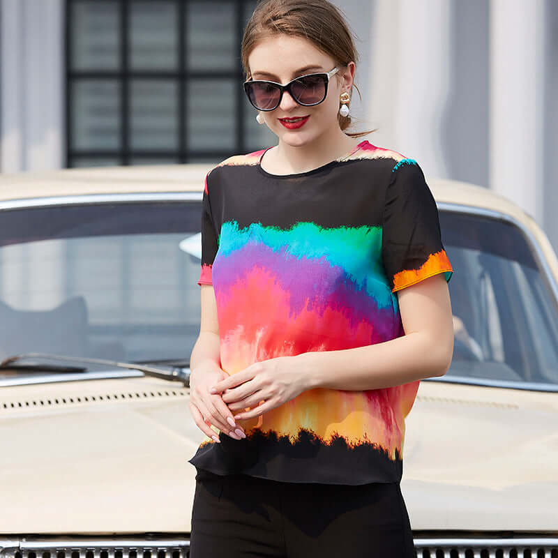 Realistic silk short sleeves T-shirt 2021 summer new slim slim, color rainbow heavy silk jacket women