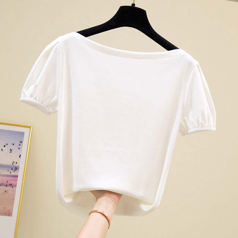 Clearance does not return to 7136 word collar pleated sleeve high elastic pure color short sleeve jacket female wholesale T-shirt