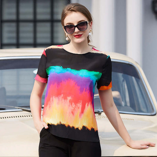 Realistic silk short sleeves T-shirt 2021 summer new slim slim, color rainbow heavy silk jacket women